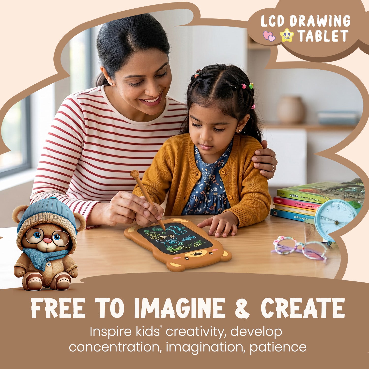 portronics ruffpad teddy 8.5 lcd writing pad | interactive family learning companion doodle board | inspiring child creativity concentration and imagination re-writable lcd writing pad | buy re-writable lcd writing pad for students online
