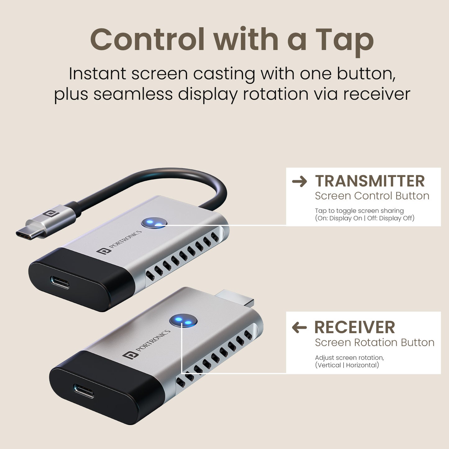 portronics sky cast hdmi wireless transmitter and receiver with one-tap screen control button and receiver display rotation feature | type-c to hdmi screen casting adapter with portrait and landscape orientation toggle via usb wireless transmitter and receiver | sky cast screen casting adapter with smart one-tap control for instant casting on and off