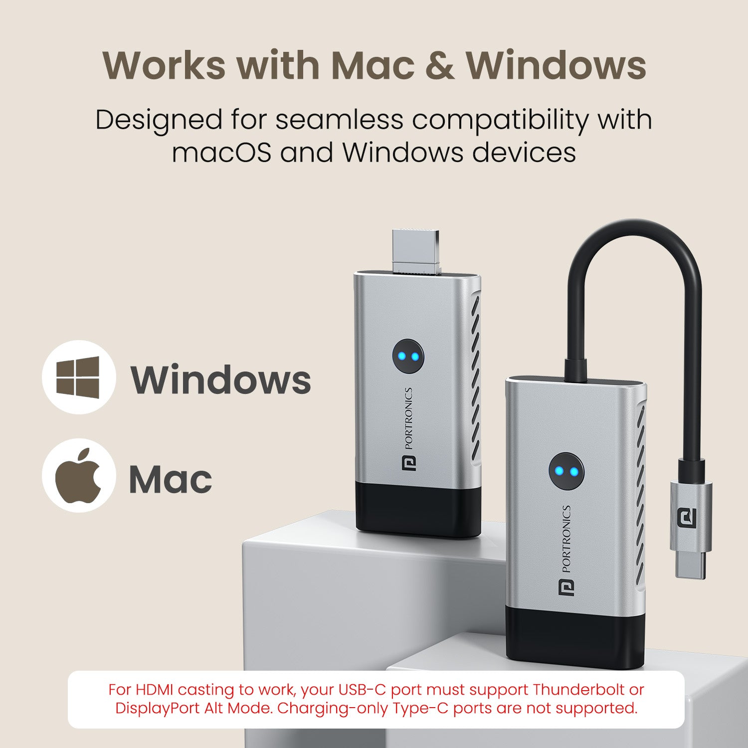 portronics sky cast type-c to hdmi screen casting adapter compatible with macbook and windows laptops via displayport alt mode and thunderbolt | hdmi wireless transmitter and receiver for wide device compatibility with type c usb smartphones and tablets | sky cast wireless type-c to hdmi screen casting adapter works with mac and windows seamlessly