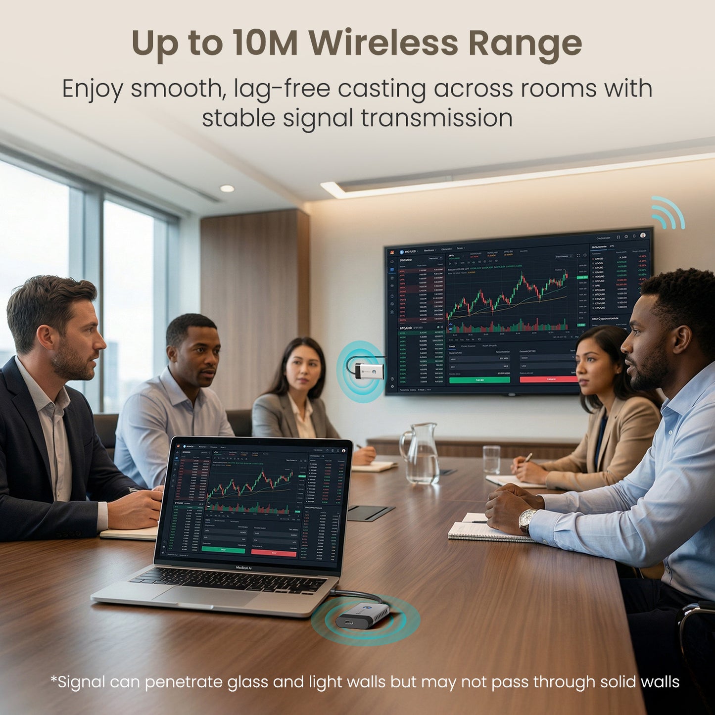 portronics sky cast wireless type-c to hdmi screen casting adapter showing 10m stable wireless range in meeting rooms and classrooms | hdmi wireless transmitter and receiver with lag-free signal for professional presentations and collaborative workspaces | sky cast usb type c screen casting adapter designed for reliable long-range screen mirroring