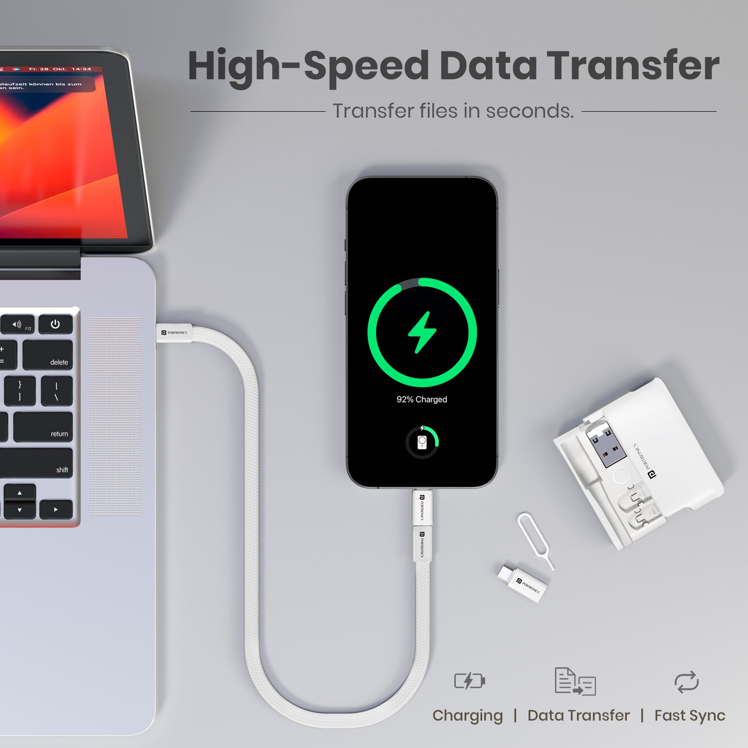 White portronics snapcase ultra 60w pd charging supporting tablets smartphones and earbuds | fast power delivery cable for multiple device categories | type c charging cable for power banks tablets and wireless earbuds | 60w pd cable for all devices
