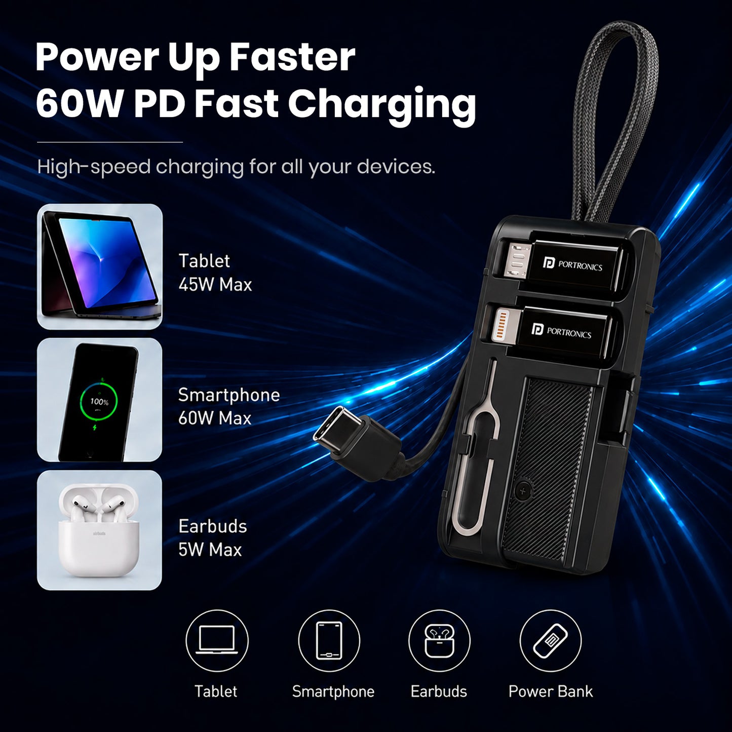 Black portronics snapcase ultra 60w pd fast charging callout with device compatibility | high-speed power delivery cable for tablet smartphone and power bank | 60w type-c fast charging cable for all compatible devices | 60w fast charging cable