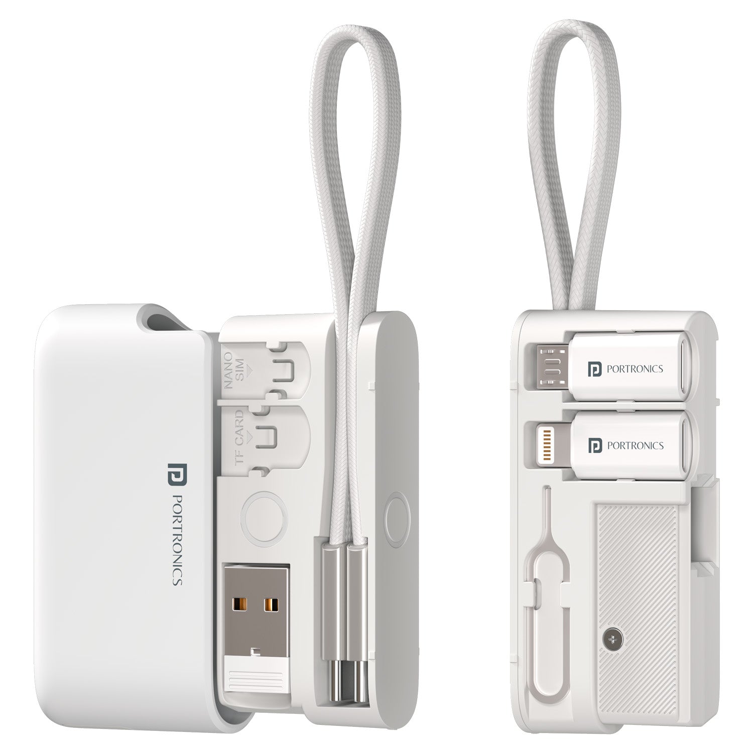 White portronics snapcase ultra 8-in-1 kit components arranged for visibility | sim card slots micro sd compartment and sim ejector tool with cable | organized multifunctional charging kit for smartphones and earbuds | 8 in 1 pocket connectivity kit
