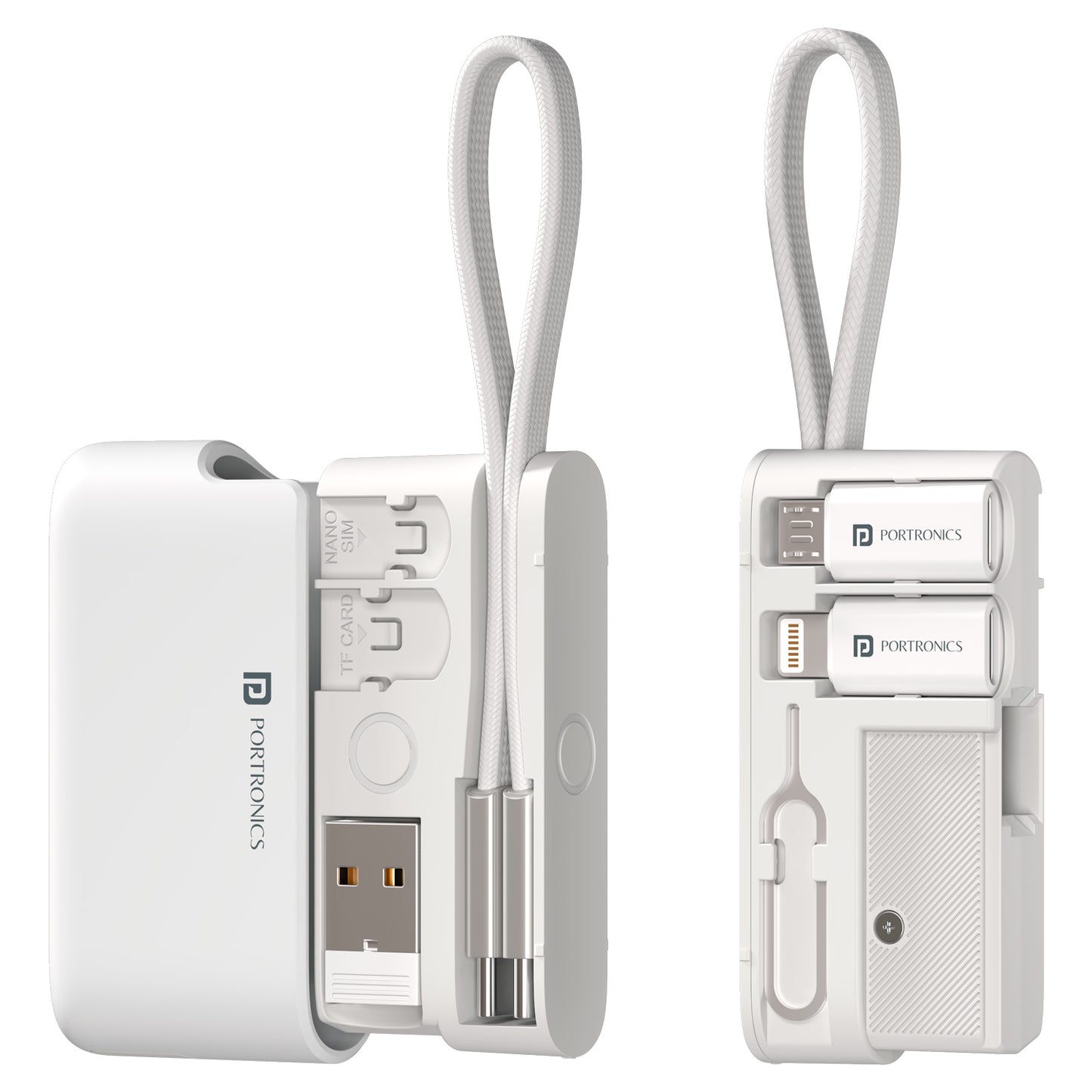 White portronics snapcase ultra 8-in-1 kit components arranged for visibility | sim card slots micro sd compartment and sim ejector tool with cable | organized multifunctional charging kit for smartphones and earbuds | 8 in 1 pocket connectivity kit