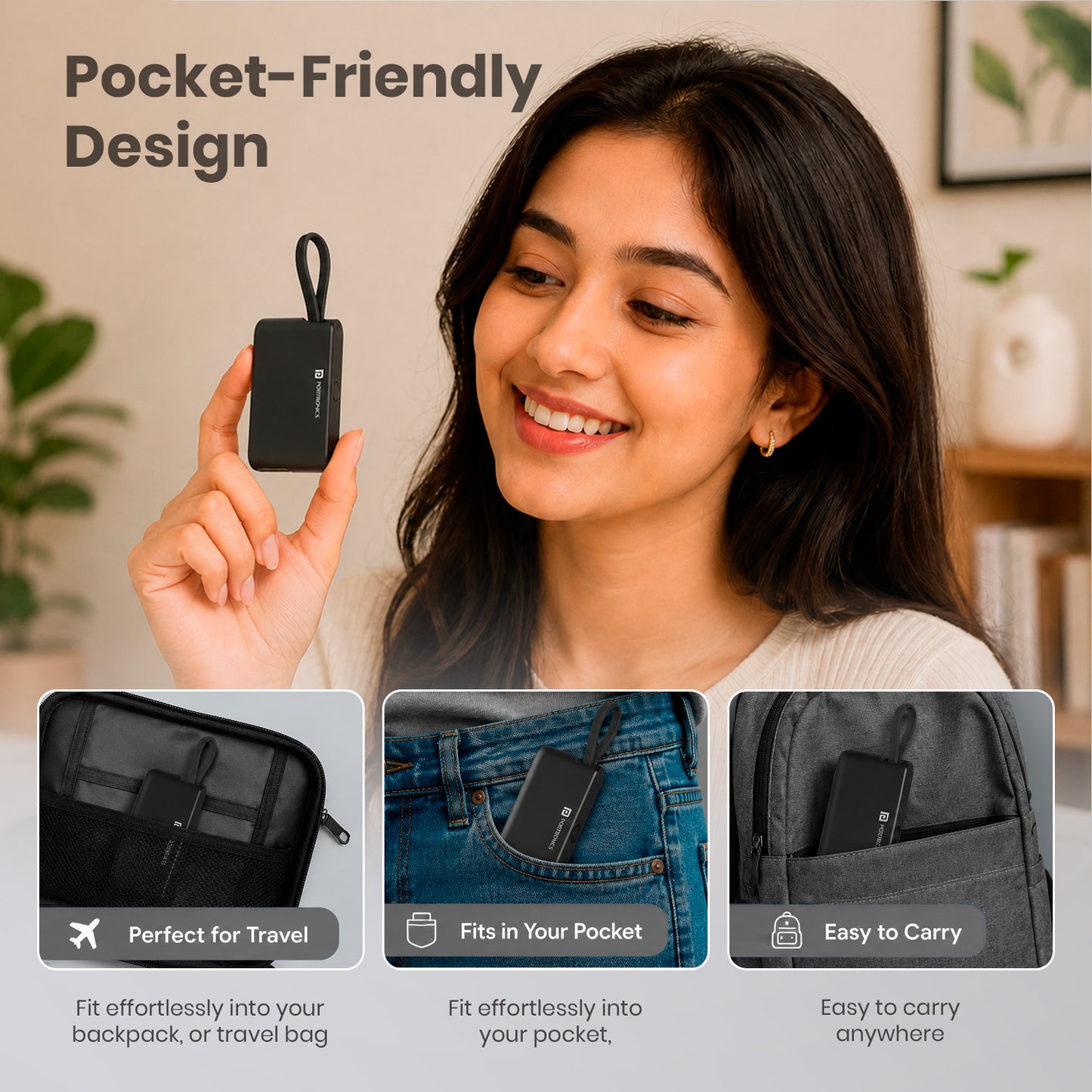 Black portronics snapcase ultra hands-free phone stand mode with screen on | compact charging case with built-in landscape stand functionality | travel charging cable kit doubling as a portable phone holder | multipurpose charging cable with phone stand