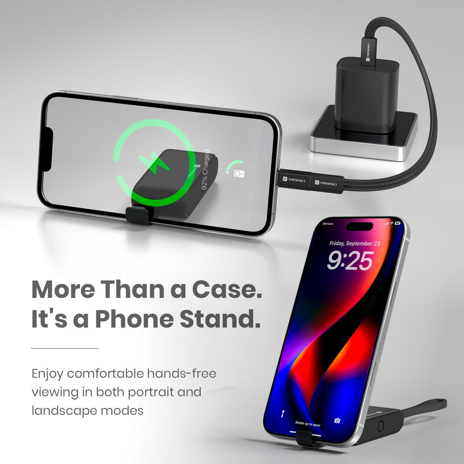 Black portronics snapcase ultra one pocket friendly case with adapters laid out | charge sync store all essentials including sim ejector pin in one kit | compact cable organizer with nano sim slots and micro sd card holder | multipurpose cable storage kit