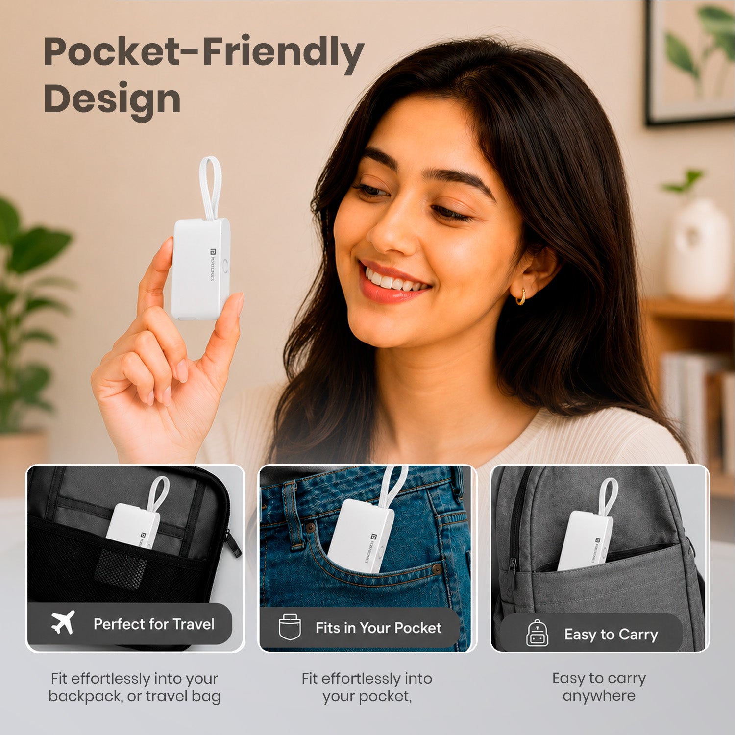 White portronics snapcase ultra held by user showcasing pocket-friendly compact size | all-in-one cable kit fitting easily in hand for daily use | travel accessories for data transfer and fast charging on the go | portable multipurpose cable kit for everyday use