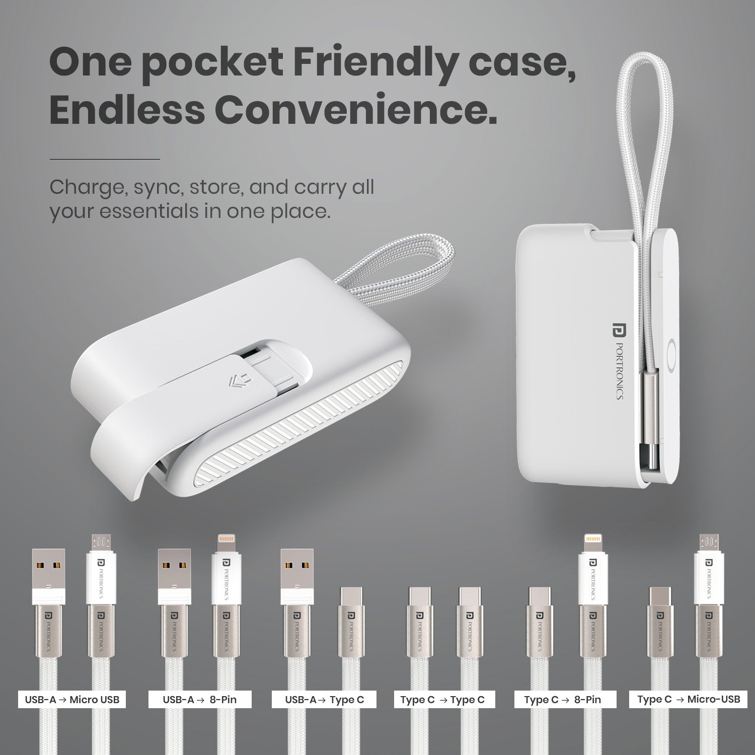 White portronics snapcase ultra one pocket case with all connectors and adapters | type-c micro usb and 8-pin adapters stored in compact travel case | cable kit with organized slots for adapters sim cards and sd card | compact charging cable organizer for backpack