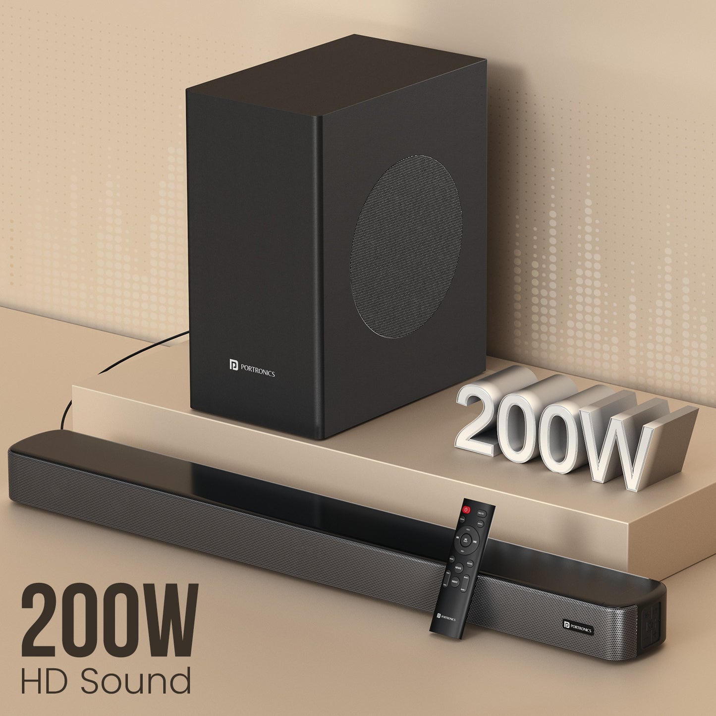 portronics spatial arc 200w powerful hd sound soundbar with woofer | best soundbar in india with deep bass and crystal clear vocals | best home theatre system in india under 10000