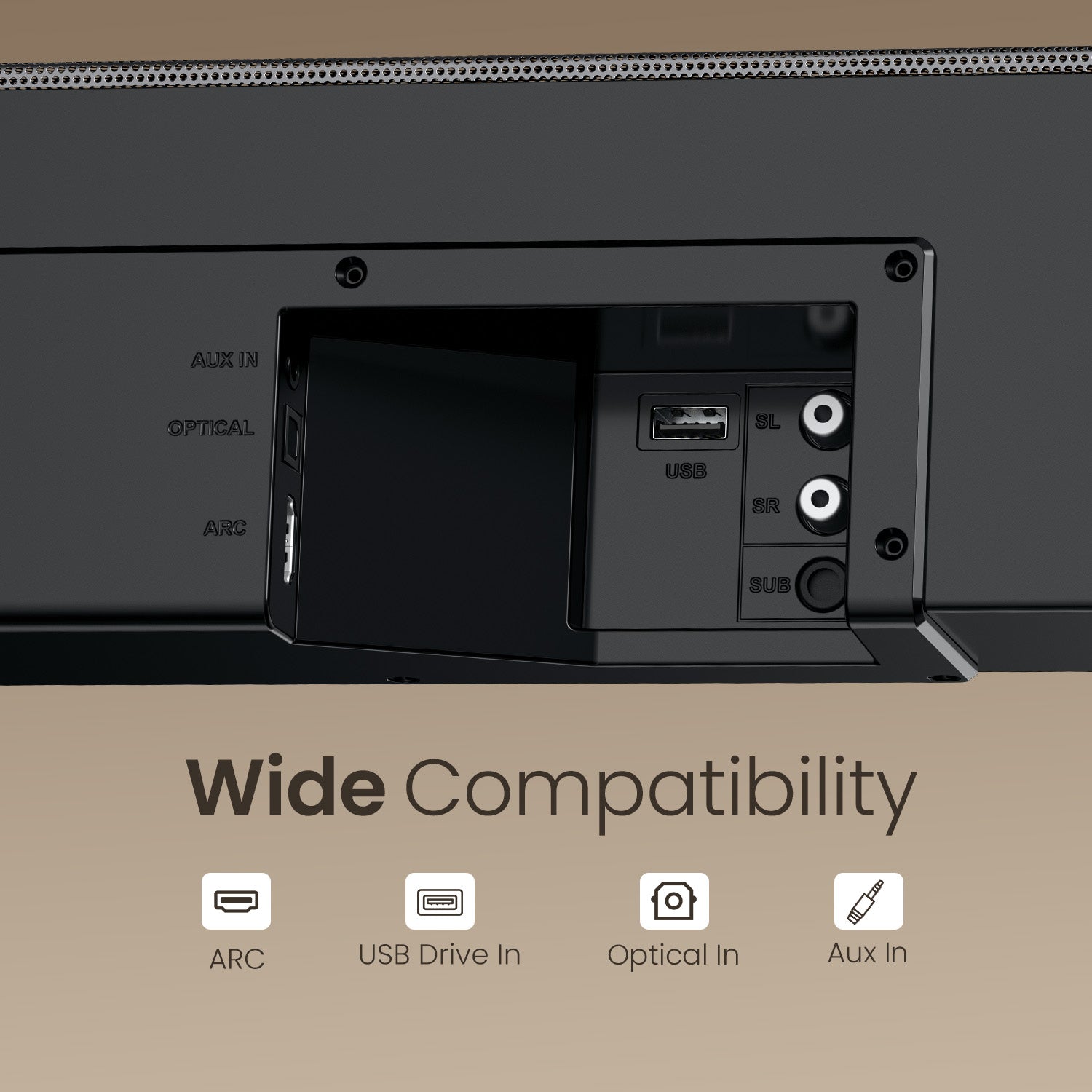 portronics spatial arc soundbar speaker with wide compatibility arc usb optical aux input | best home theatre low price with multiple connectivity options |  wireless sound bar with versatile ports