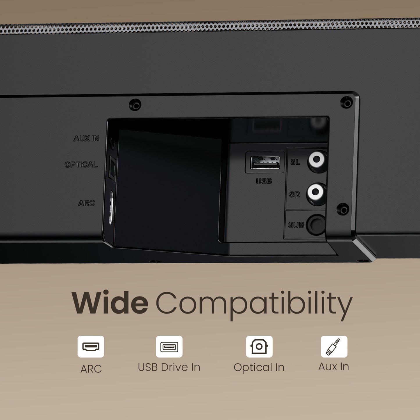 portronics spatial arc soundbar speaker with wide compatibility arc usb optical aux input | best home theatre low price with multiple connectivity options |  wireless sound bar with versatile ports