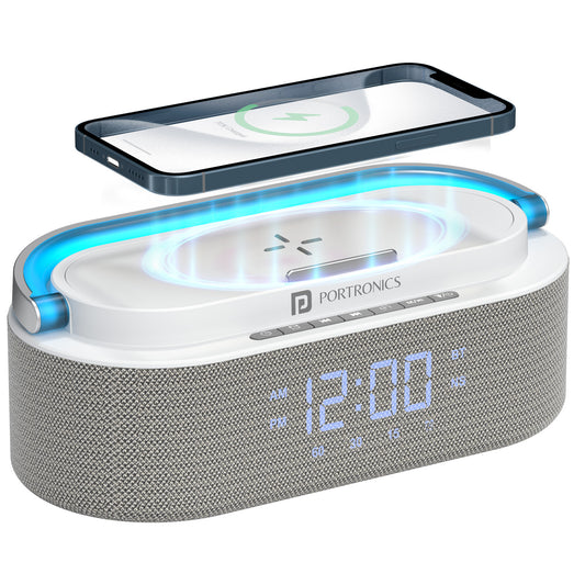 portronics strings 16w bluetooth speaker with wireless charging pad and digital clock | portable bluetooth wireless speaker with rgb lights for bedside setup