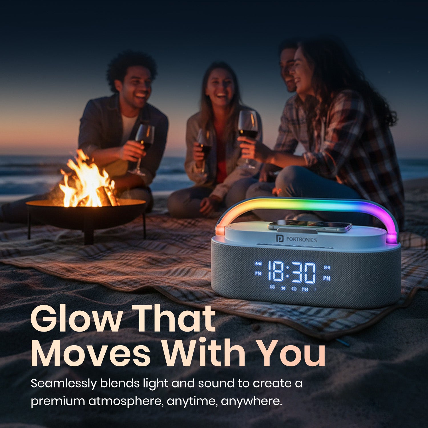 portronics strings mini wireless speaker with rgb lighting and digital clock display | bluetooth speaker with aux input and stable connectivity