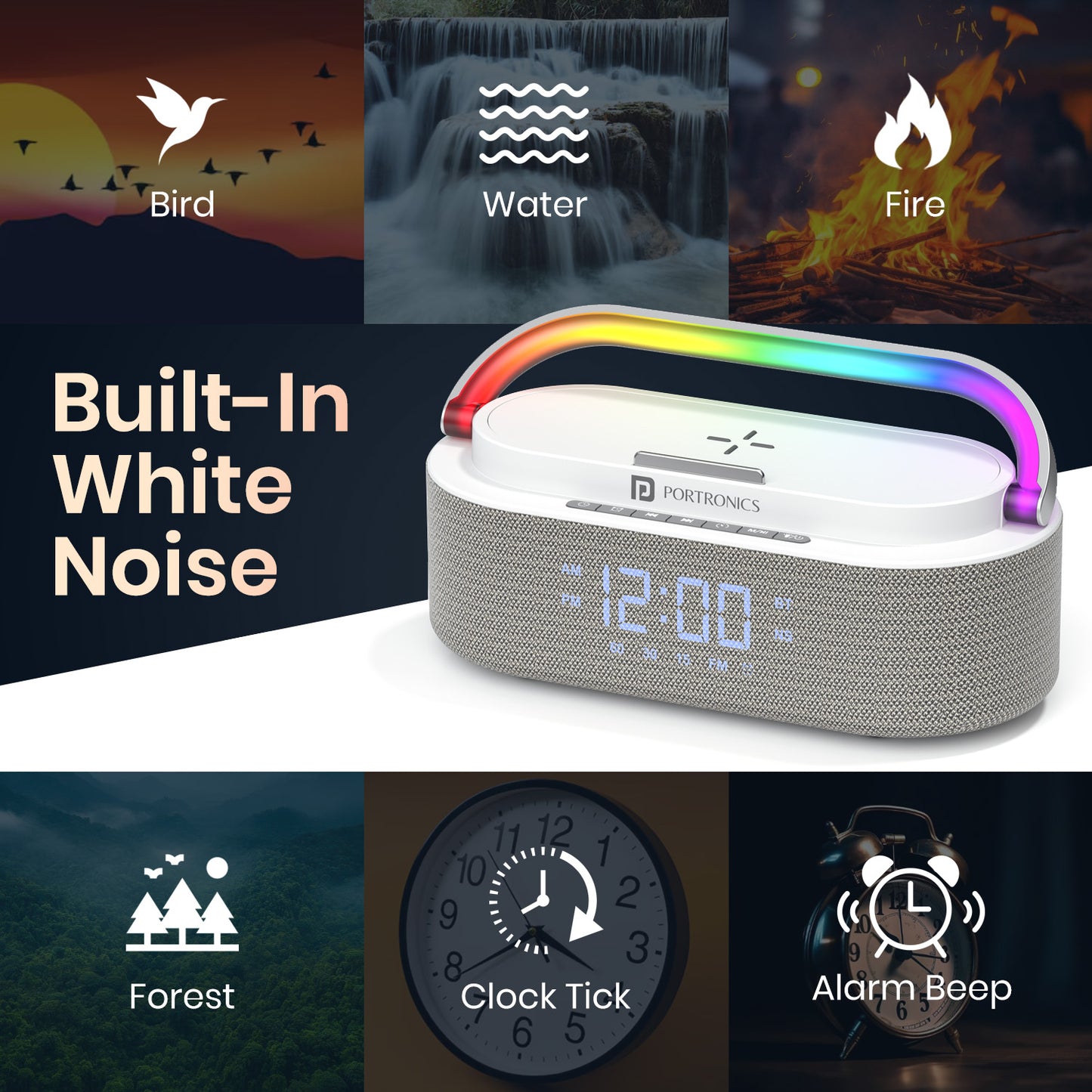 portronics strings portable bluetooth speaker with 16 watt sound and white noise modes | rechargeable speaker with wireless charging and bedside use