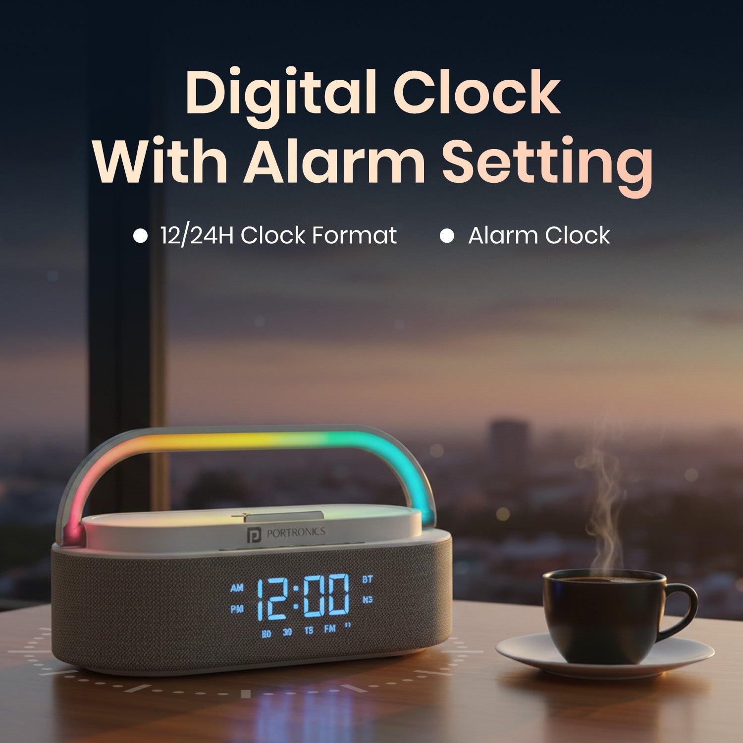 portronics strings portable bluetooth wireless speaker with led lights and clock | mini bluetooth speaker for home with charging speaker functionality
