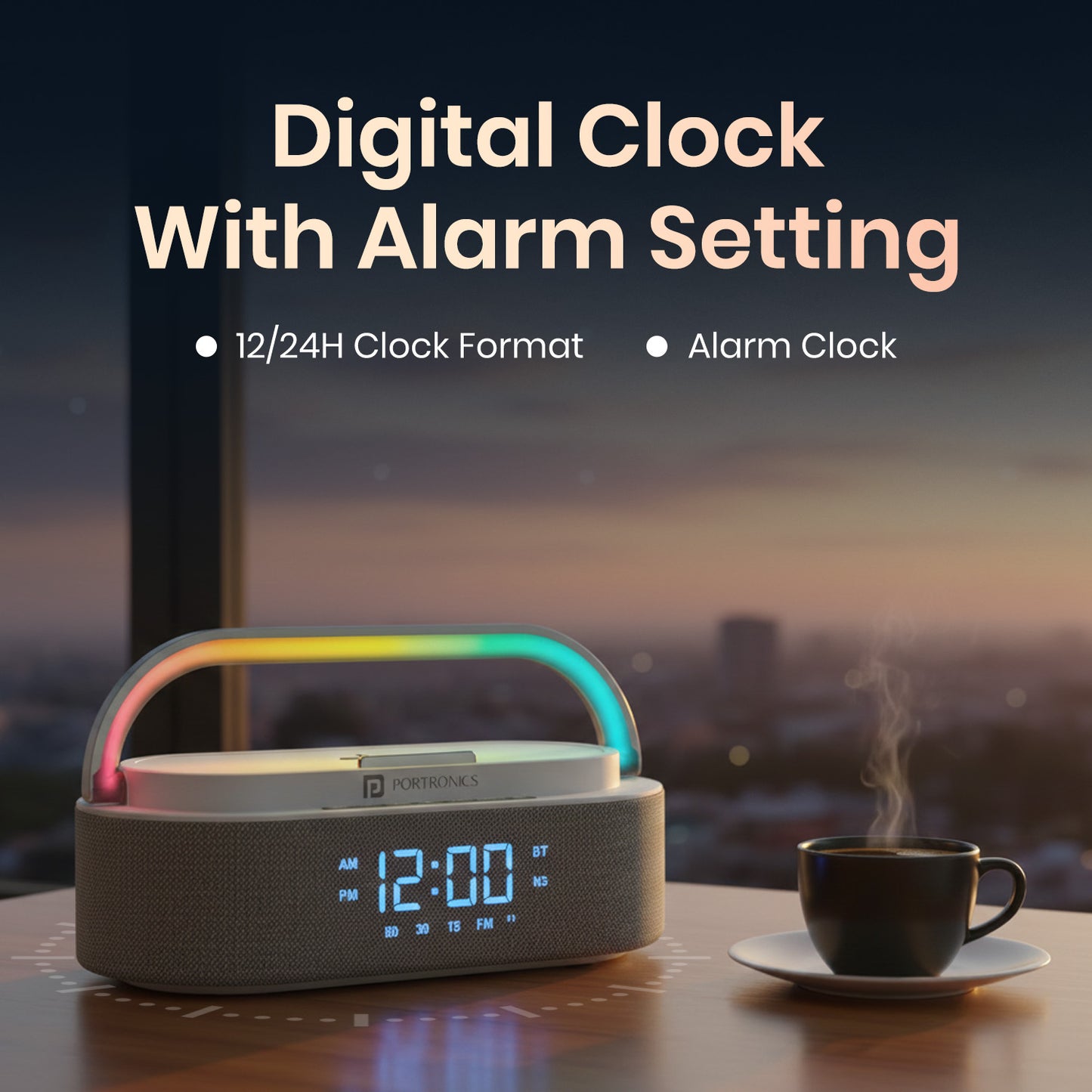 portronics strings portable bluetooth wireless speaker with led lights and clock | mini bluetooth speaker for home with charging speaker functionality
