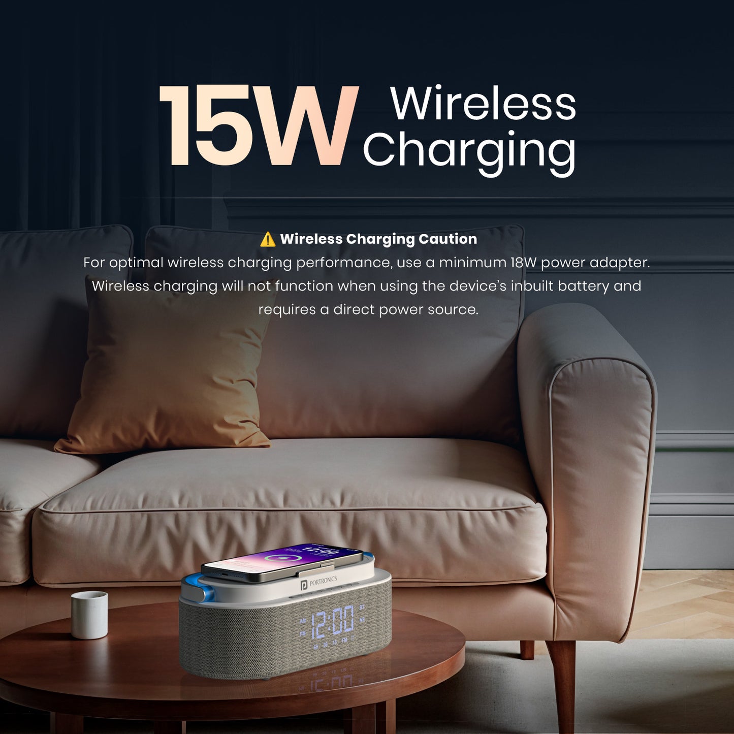 portronics strings wireless bluetooth speaker with 15w charging dock and alarm clock | mini portable speaker with ambient led lights and aux speaker support
