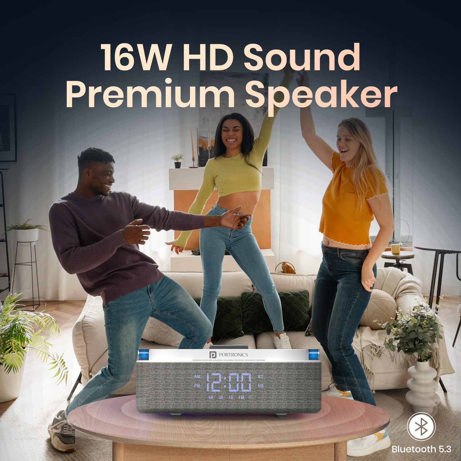 portronics strings wireless charging speaker with 16w audio output | portable mini speaker with led lights and alarm clock| best portable speaker online| best speaker for music lover
