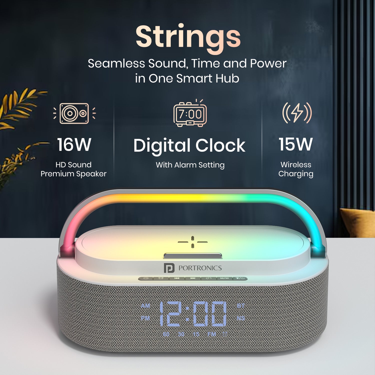 portronics strings bluetooth speaker with rgb lights and wireless charging dock | small bluetooth speaker for music 