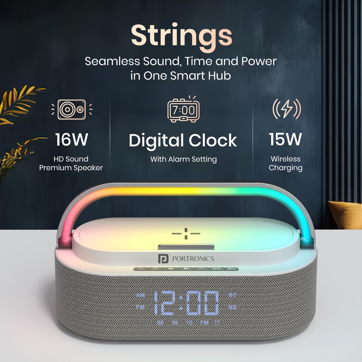 portronics strings bluetooth speaker with rgb lights and wireless charging dock | small bluetooth speaker for music 