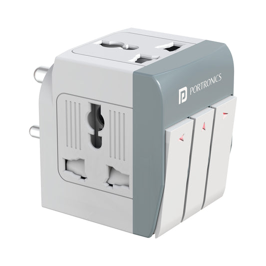 portronics swix universal multiplug | triple universal ac outlets with dedicated independent switches and safety shutters 3 socket power adapter | powering multiple appliances from a single wall point child safe power adapter | best 3 pin universal multiplug with individual switches for home safety