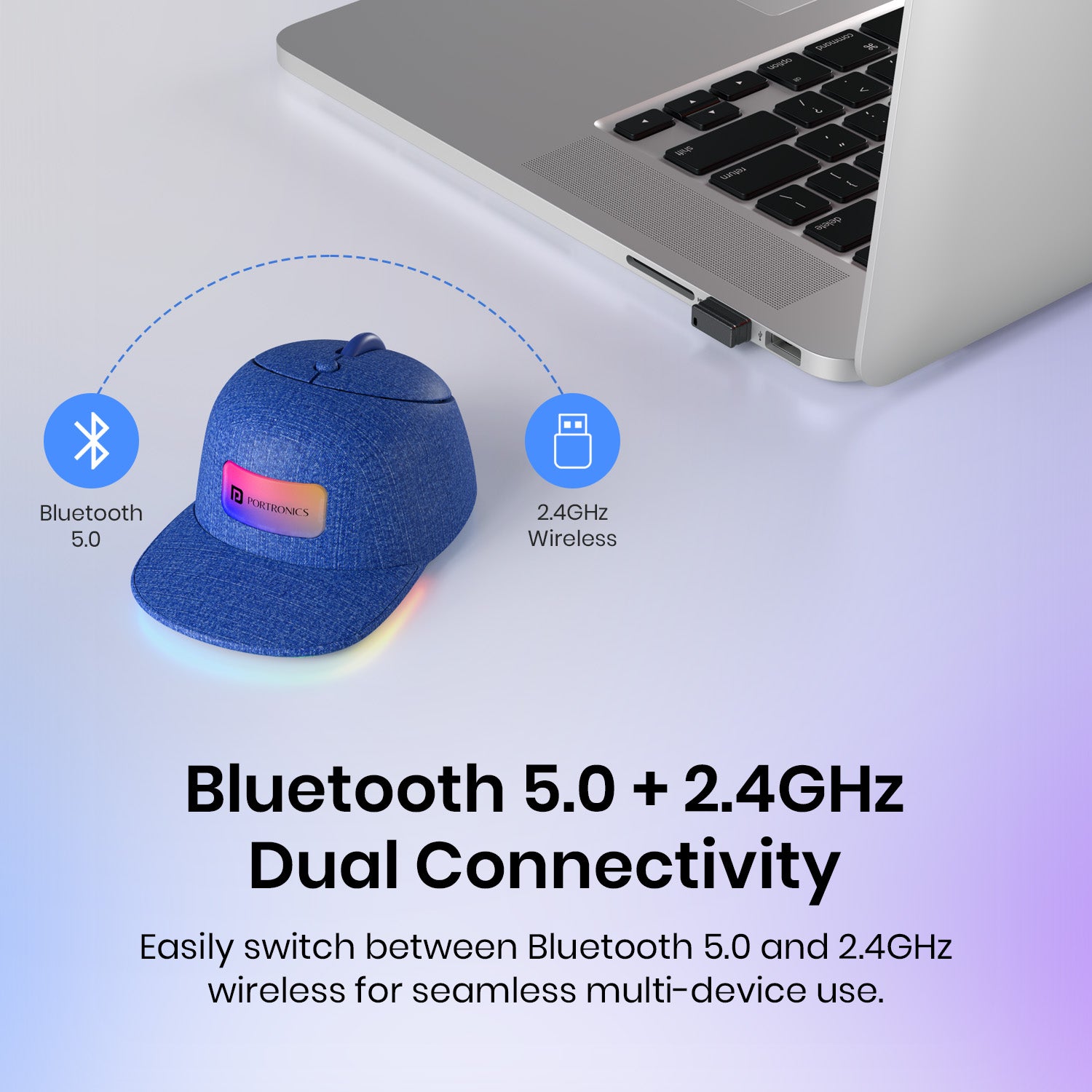 Denim Blue portronics toad cap 2.4ghz wireless mouse | dual wireless mode bluetooth 5.0 and usb dongle dual mode mouse | instant wireless signal switching bluetooth wireless mouse | best bluetooth mouse for pc