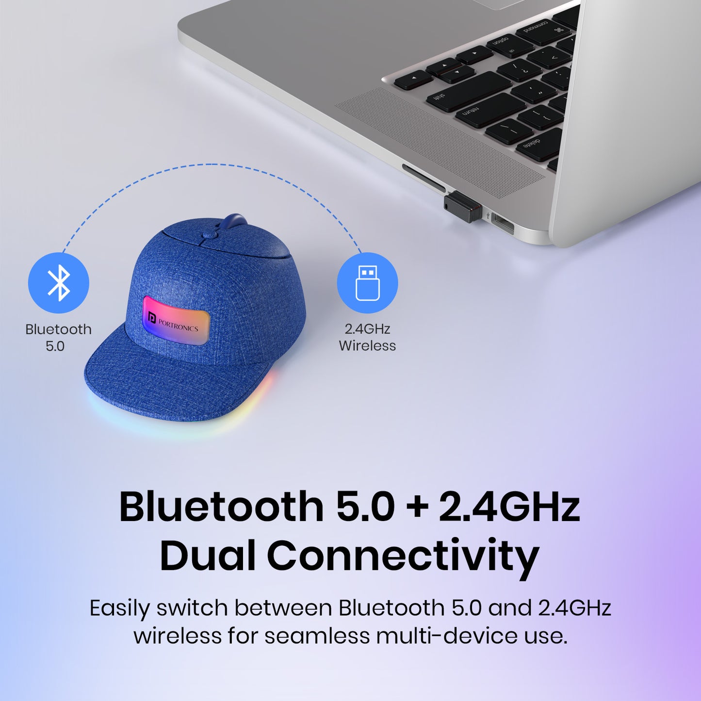Denim Blue portronics toad cap 2.4ghz wireless mouse | dual wireless mode bluetooth 5.0 and usb dongle dual mode mouse | instant wireless signal switching bluetooth wireless mouse | best bluetooth mouse for pc
