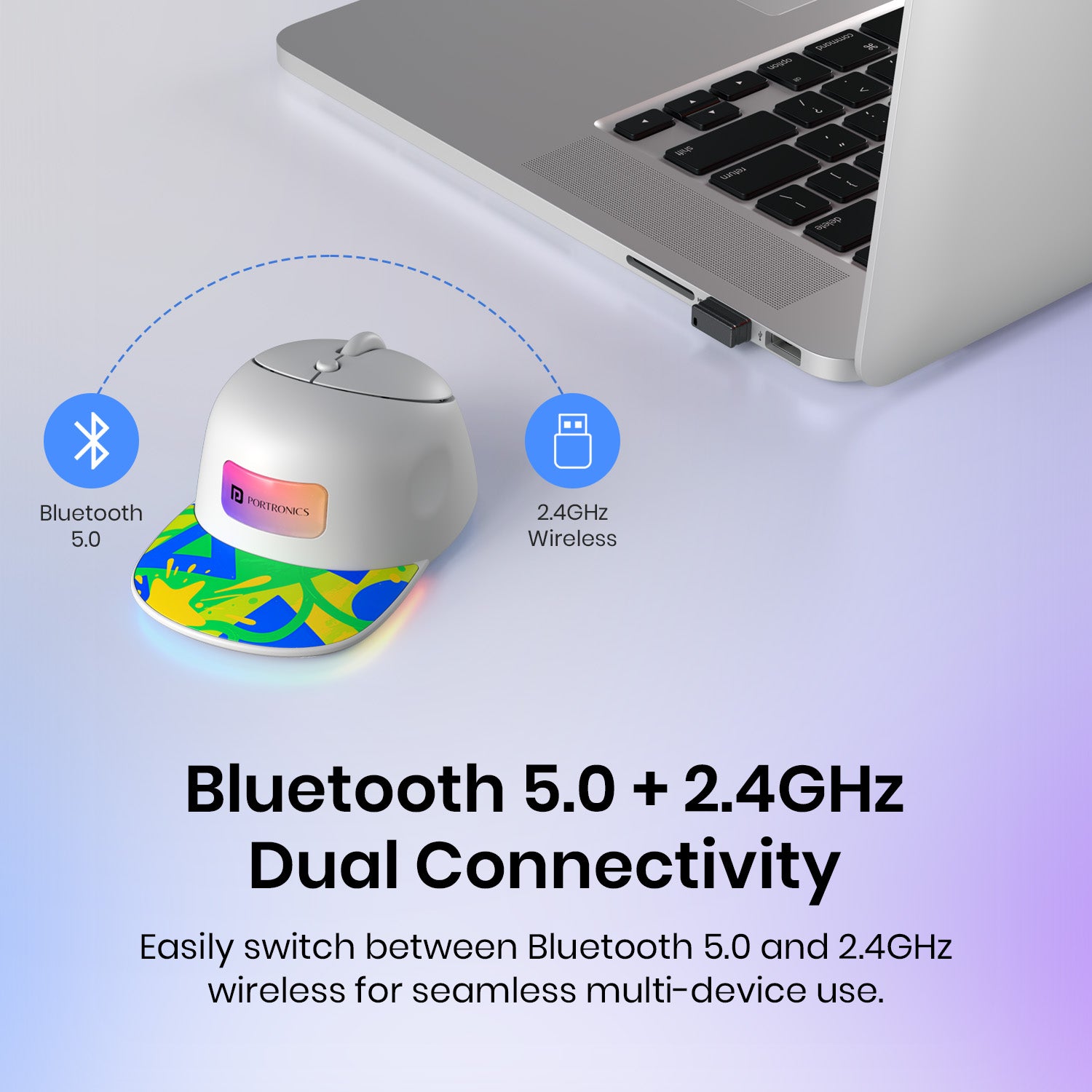Green portronics toad cap 2.4ghz wireless mouse | dual wireless mode bluetooth 5.0 and usb dongle dual mode mouse | instant wireless signal switching bluetooth wireless mouse | best bluetooth mouse for pc