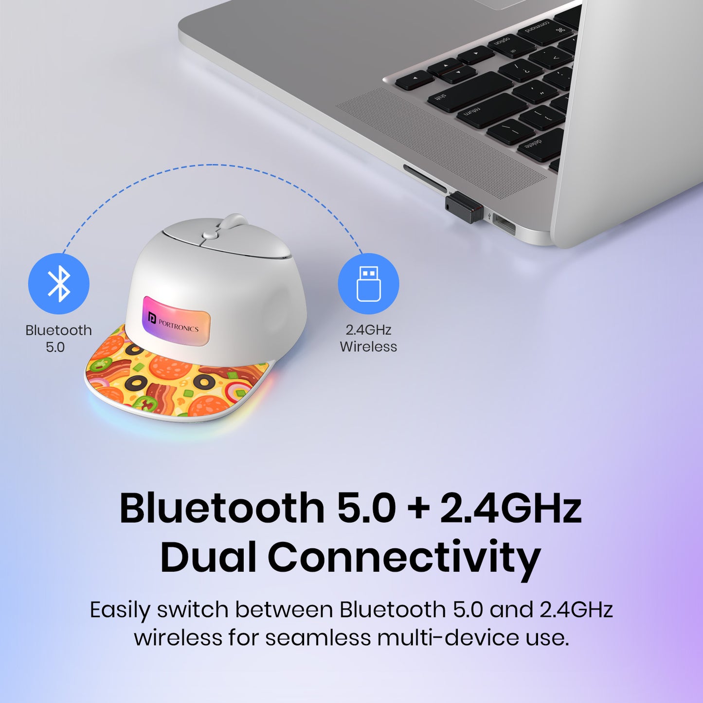 Orange portronics toad cap bluetooth mouse for laptop | bluetooth 5.0 plus 2.4ghz wireless pairing dual mode mouse | switching between office laptop and pc wireless mouse | wireless pc mouse dual connection