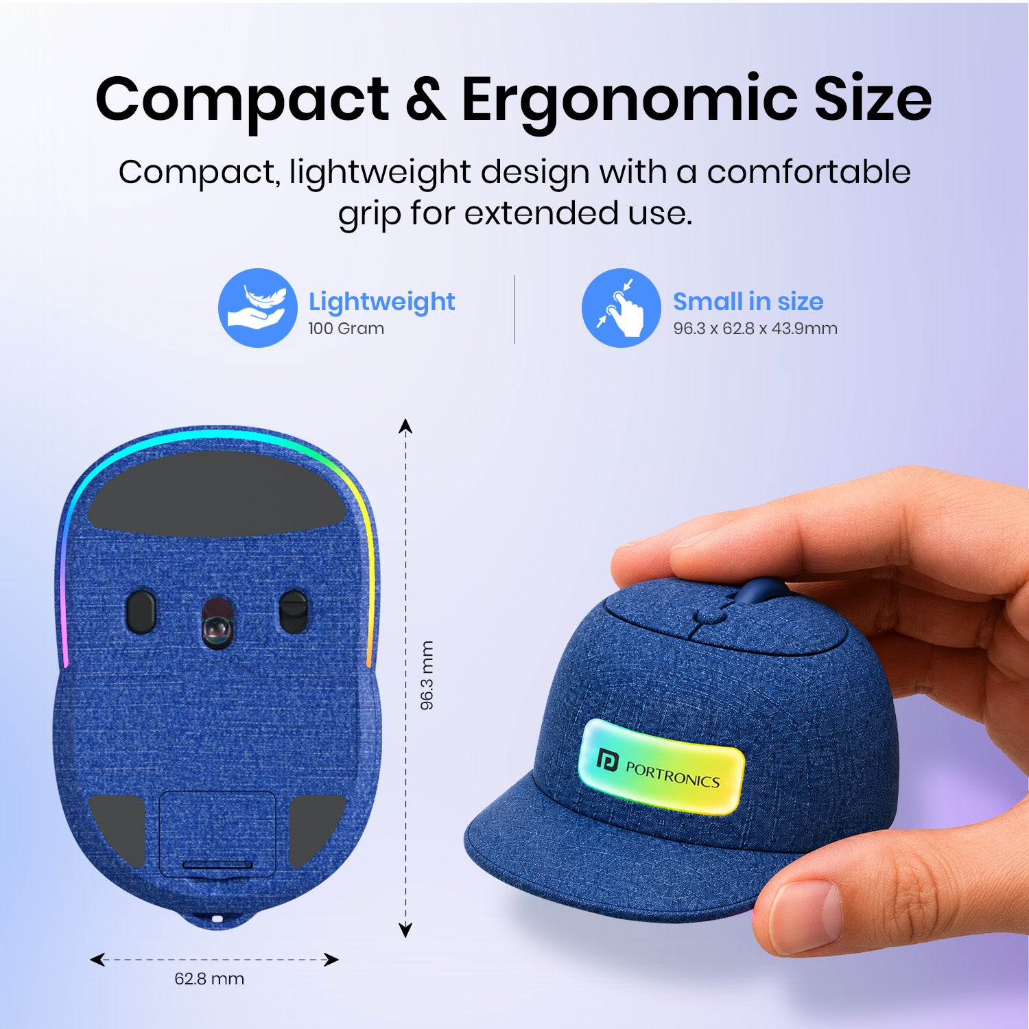 Denim Blue portronics toad cap compact mouse | small size ergonomic mouse | easy portability for remote work travel mouse | lightweight mouse for laptop bag
