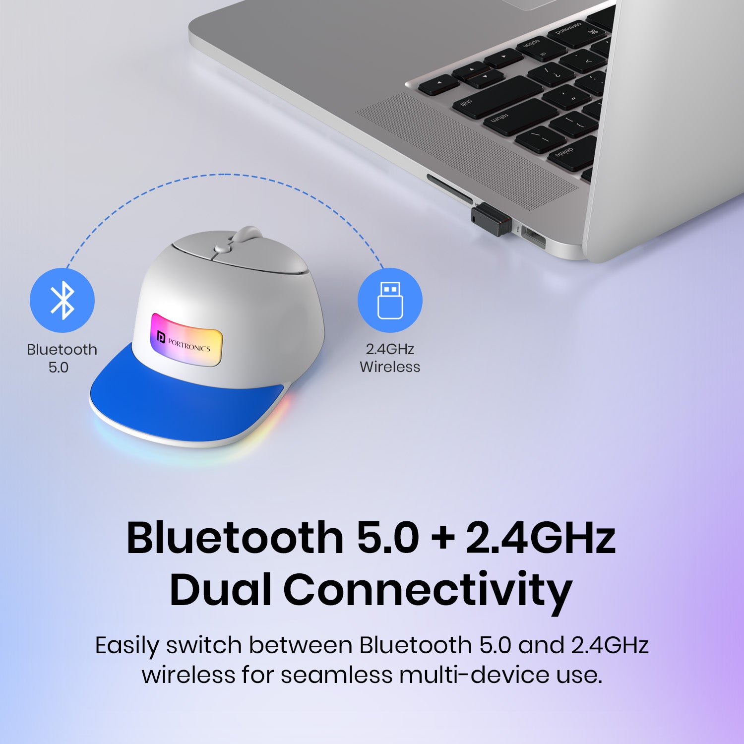 Blue portronics toad cap bluetooth 5.0 mouse | dual channel bluetooth 5.0 and 2.4ghz nano receiver 2.4ghz wireless mouse | seamless dual mode wireless connection desktop mouse | best bluetooth mouse for laptop