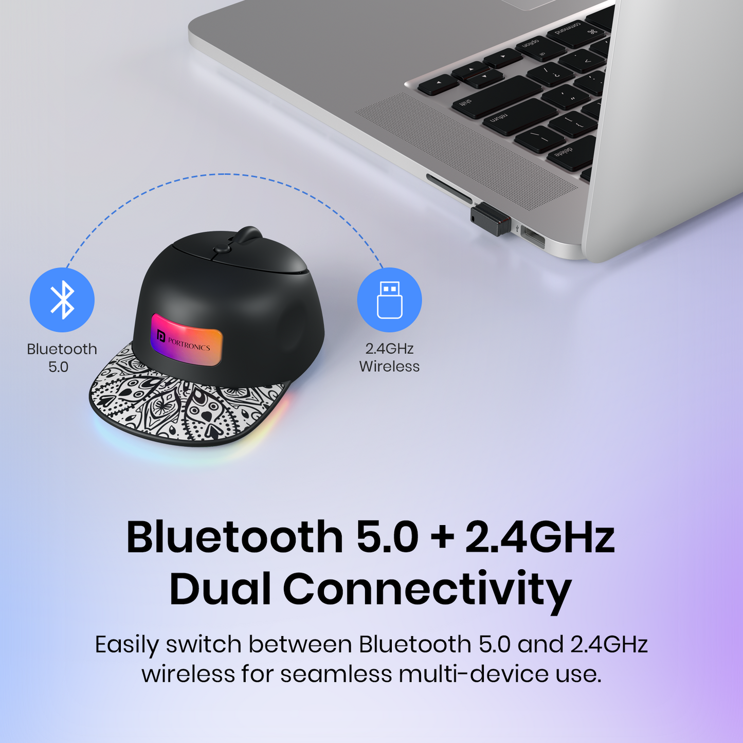 Black portronics toad cap dual mode mouse | bluetooth 5.0 and 2.4ghz dual connectivity 2.4ghz wireless mouse | instant multi device switching laptop mouse | buy bluetooth wireless mouse