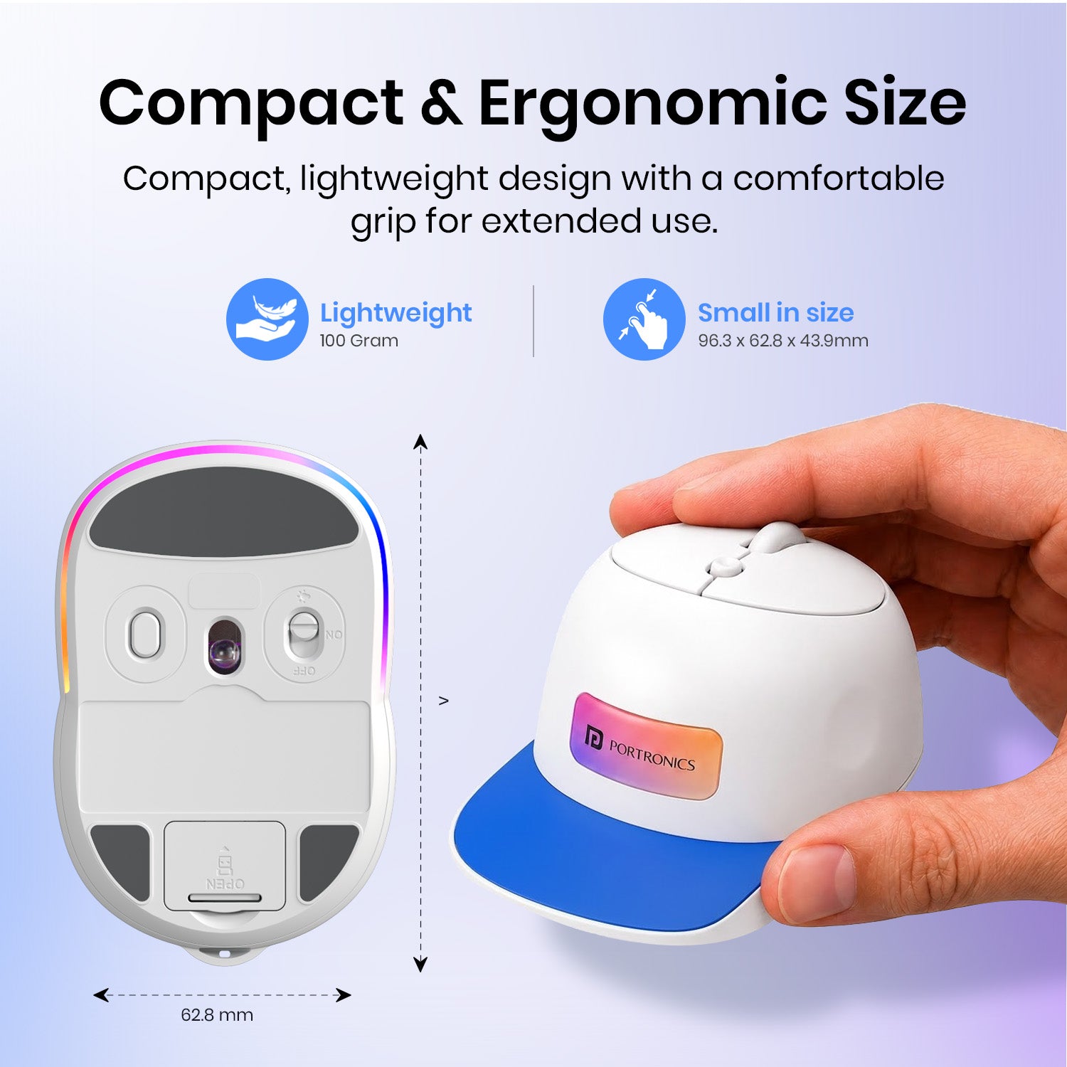 Blue portronics toad cap ergonomic mouse | palm supporting curved hat structure lightweight mouse | strain free hand positioning office mouse | compact mouse for travel