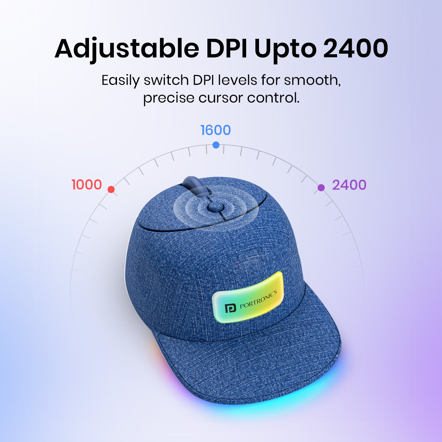 Denim Blue portronics toad cap high quality mouse | variable 1000 1600 2400 dpi tracking sensor adjustable dpi mouse | precision graphic design control optical mouse | 2400 dpi mouse for laptop
