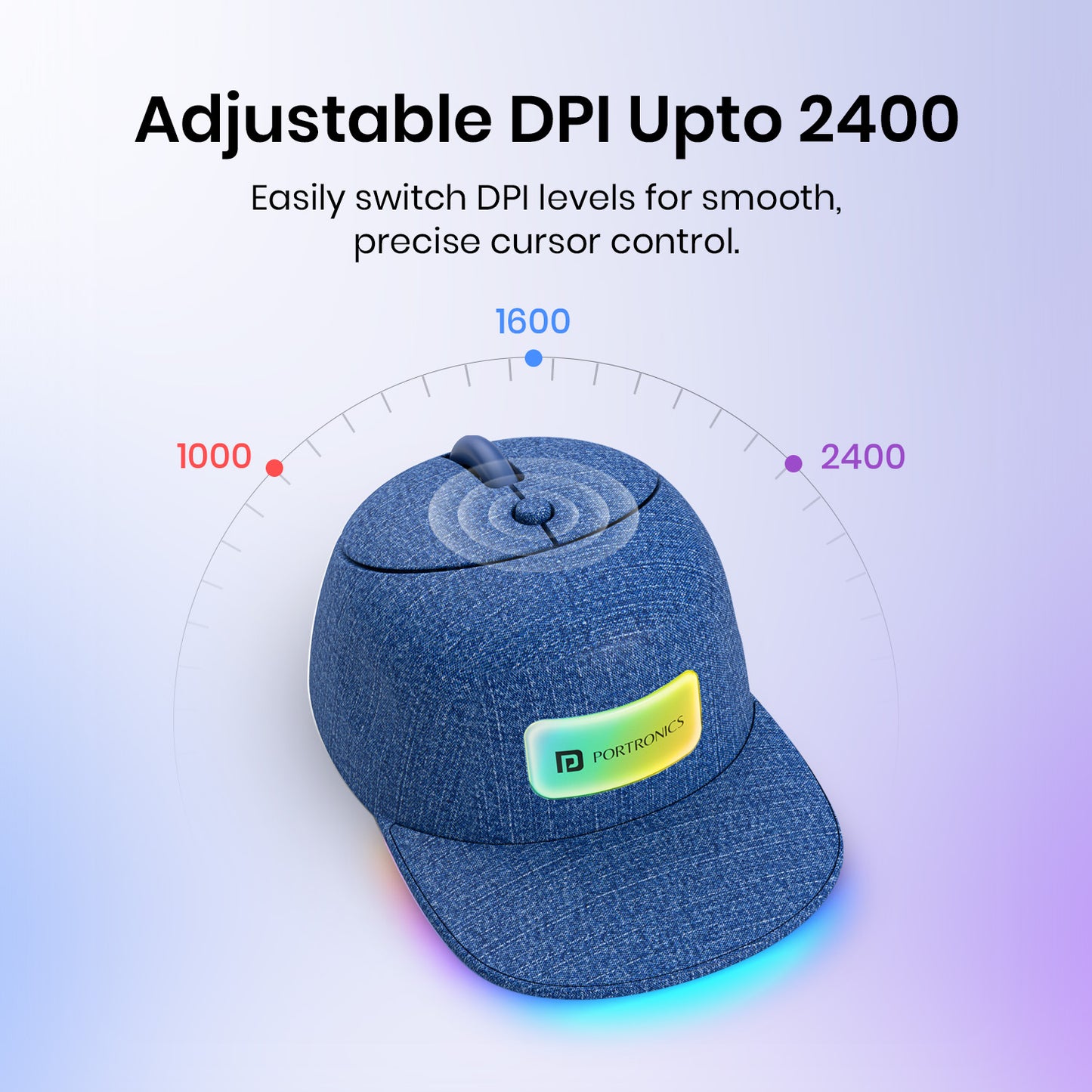 Denim Blue portronics toad cap high quality mouse | variable 1000 1600 2400 dpi tracking sensor adjustable dpi mouse | precision graphic design control optical mouse | 2400 dpi mouse for laptop