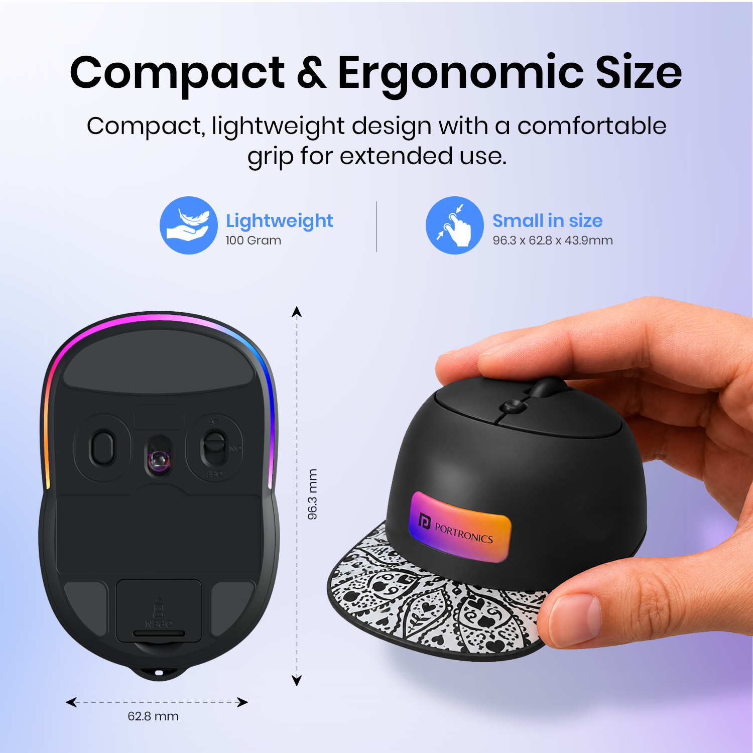 Black portronics toad cap compact mouse | 100 gram lightweight contoured shape ergonomic mouse | palm friendly grip for travel travel mouse | portable mouse for laptop