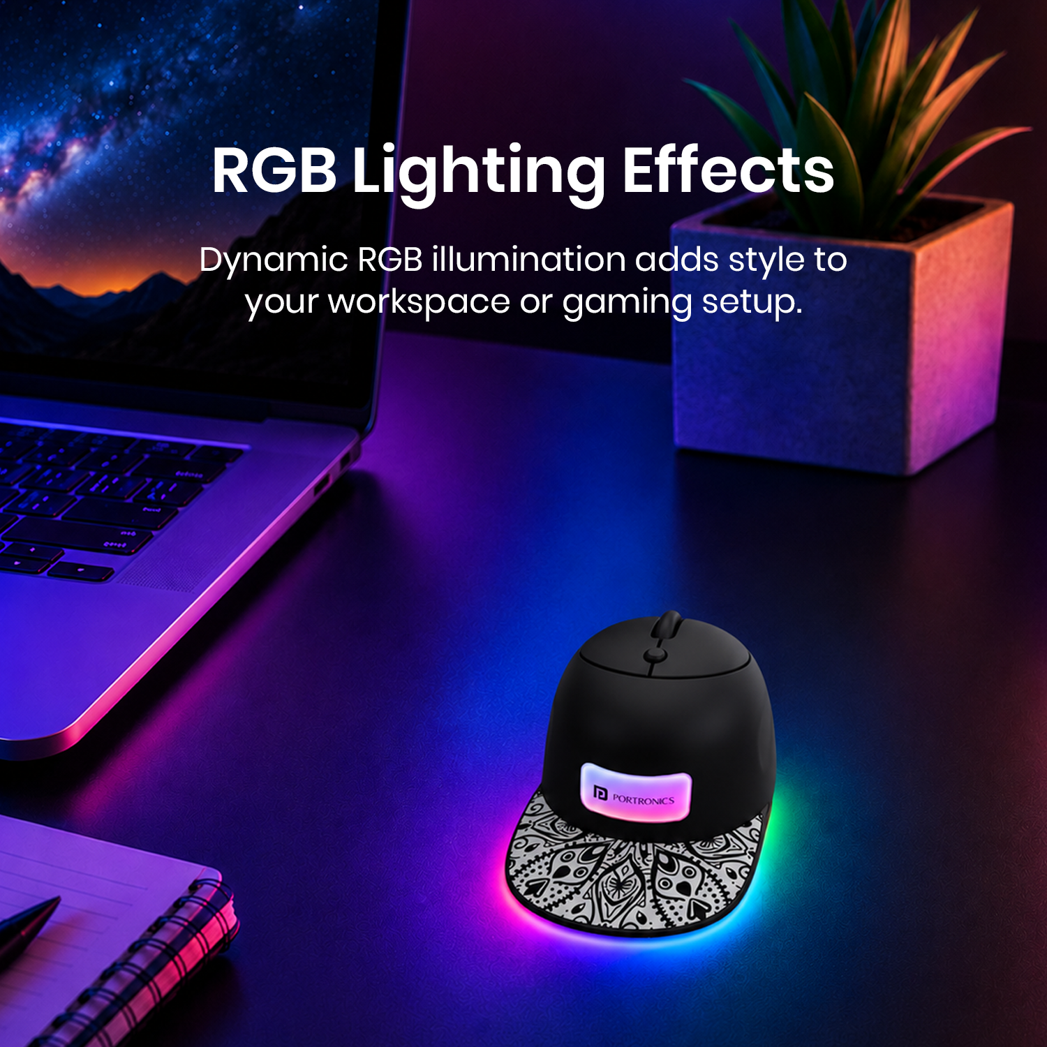 Black portronics toad cap rgb wireless mouse | dynamic ambient rgb brim lighting gaming rgb mouse | glowing desk setup accent wireless gaming mouse | best rgb mouse under budget