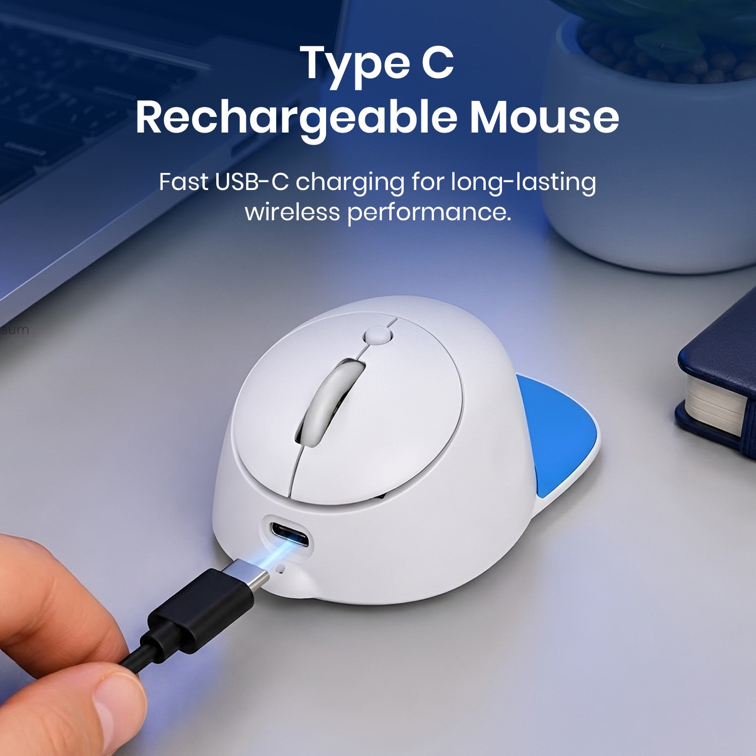 Blue portronics toad cap usb-c mouse | built in rechargeable battery with type-c port rechargeable mouse | eco friendly power without disposable batteries wireless mouse | buy type-c rechargeable mouse