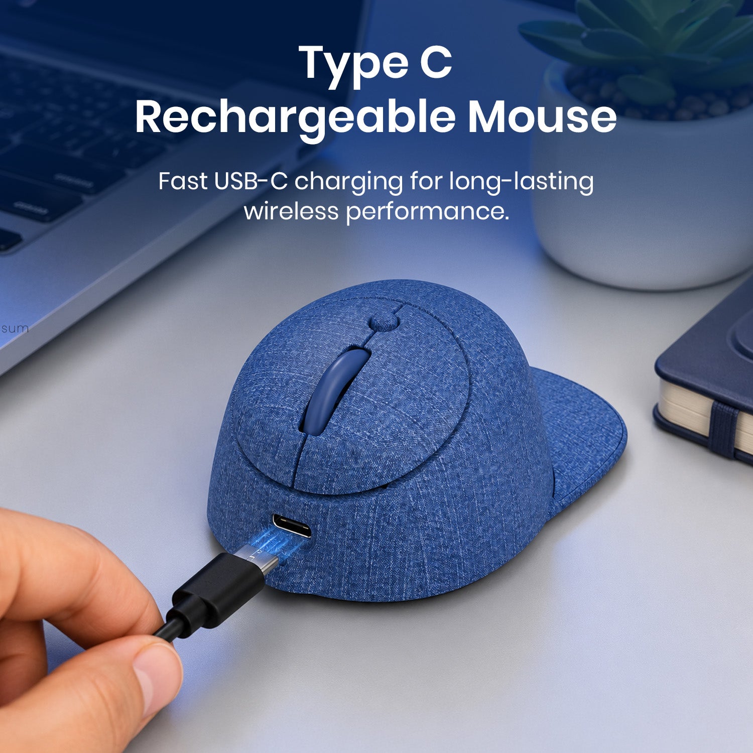 Denim Blue portronics toad cap type-c rechargeable mouse | fast type-c power charging slot rechargeable mouse | hassle free charging on desk usb-c mouse | wireless rechargeable mouse price