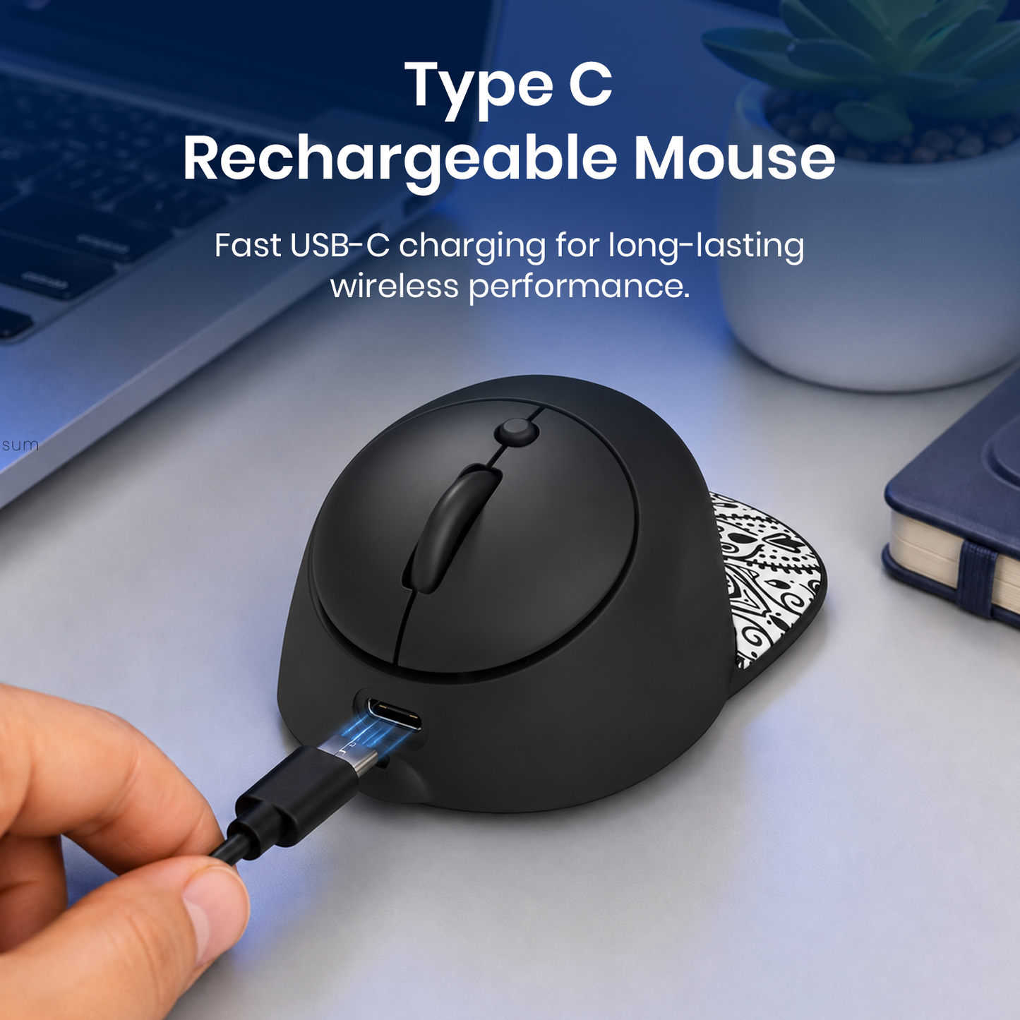 Black portronics toad cap type-c rechargeable mouse | fast type-c charging input port rechargeable mouse | long battery performance usb-c mouse | wireless rechargeable mouse price