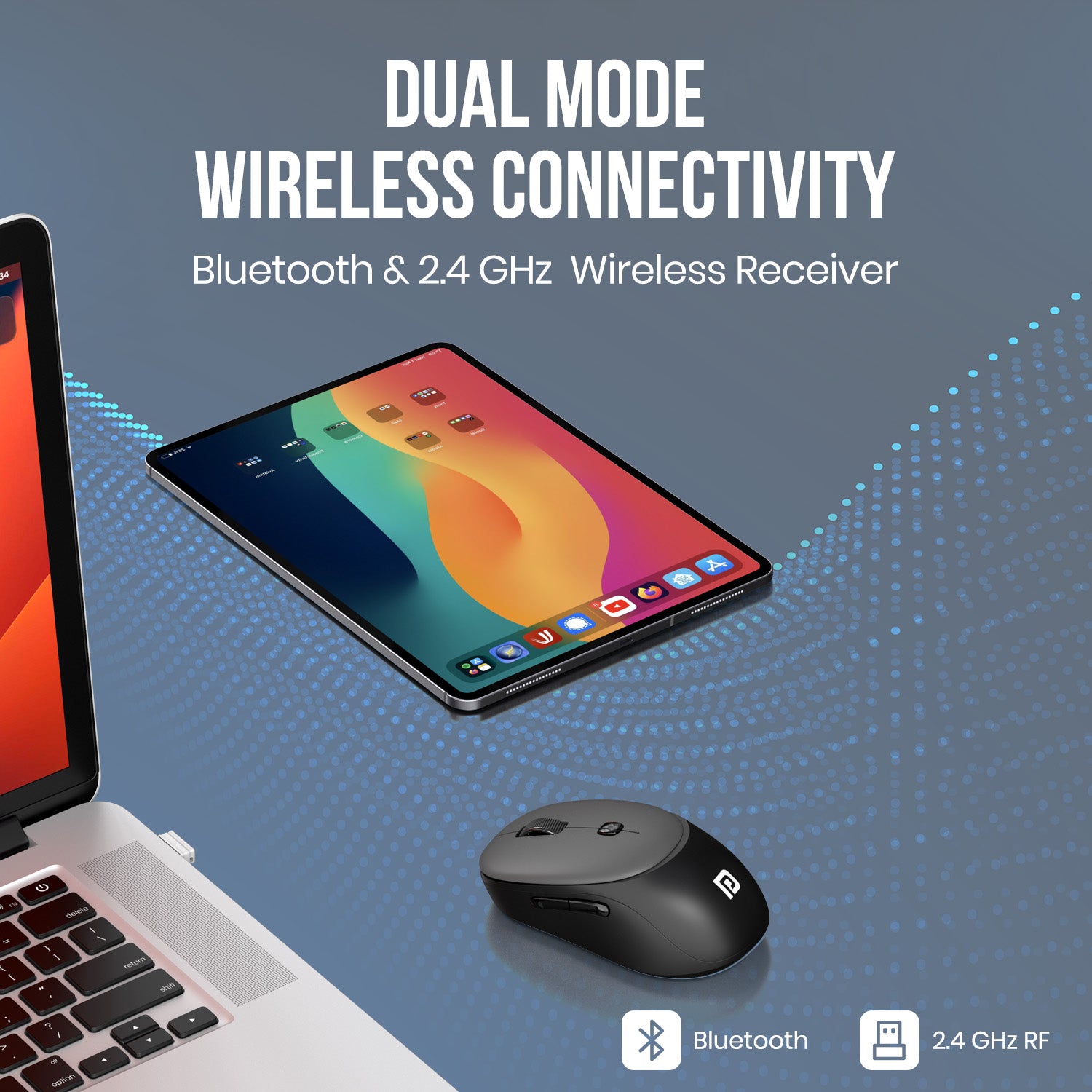 Black portronics toad neo bluetooth wireless mouse with dual connectivity via bluetooth 5.0 and 2.4ghz usb wireless receiver | wireless mouse and usb wireless mouse with seamless switching between laptop desktop and tablet | portronics bluetooth keyboard compatible toad neo best computer accessories for wireless multi-device productivity