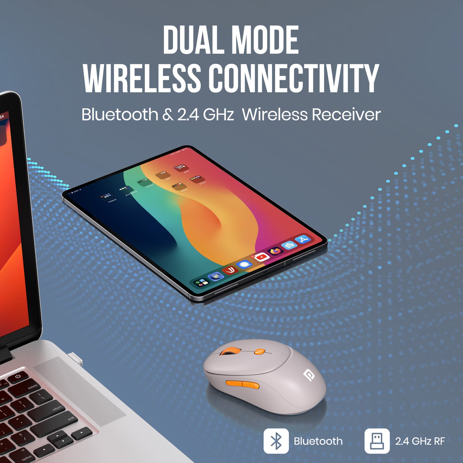 Beige portronics toad neo bluetooth wireless mouse with dual mode connection via bluetooth 5.0 and 2.4ghz usb wireless receiver for flexible device switching | wireless mouse usb wireless mouse and bluetooth mouse for laptop desktop and tablet with seamless connectivity | best computer accessories online toad neo wireless gaming mouse and optical mouse for multi-device home office use