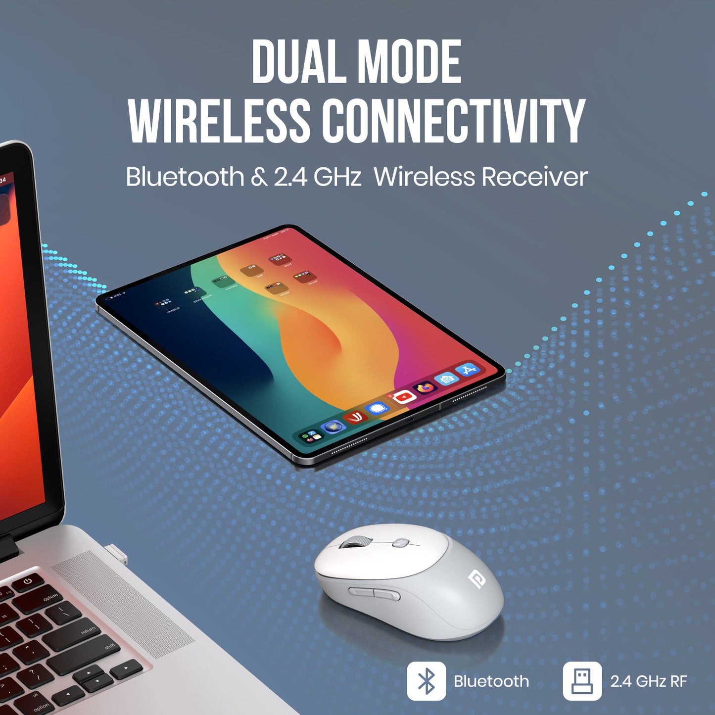 White portronics toad neo bluetooth wireless mouse with dual mode connectivity switching seamlessly between bluetooth and 2.4ghz usb receiver | wireless mouse and usb wireless mouse supporting laptop desktop tablet and smartphone across multiple platforms | best computer accessories toad neo with portronics bluetooth dual wireless connectivity for home office and travel use