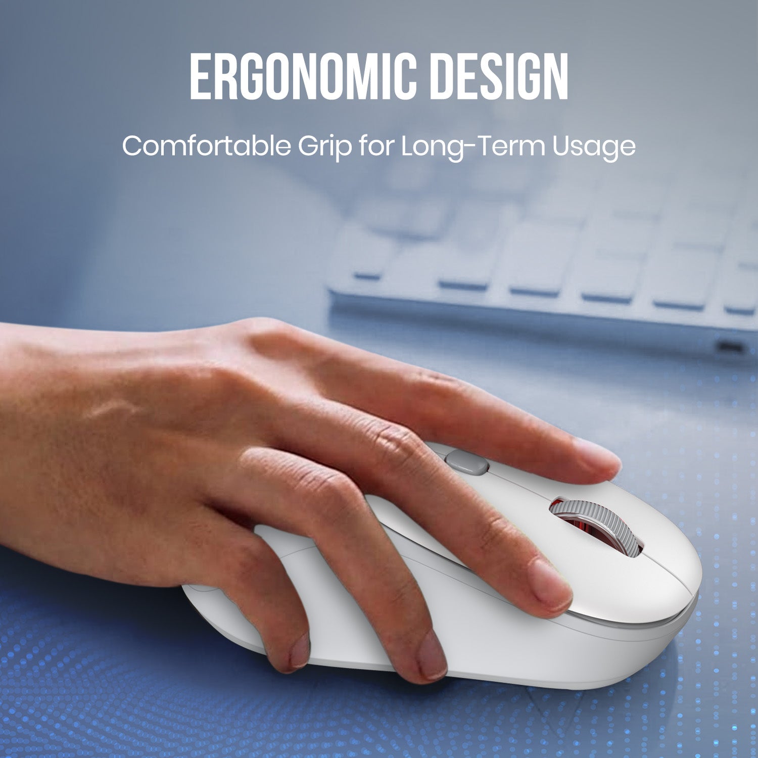 White portronics toad neo ergonomic wireless mouse with comfortable grip and contoured body for reduced hand fatigue during long sessions | best mouse for home office and best laptop mouse with smooth silent performance for office shared and late-night work environments | mouse for laptop and high quality mouse designed for all-day productivity with natural hand placement