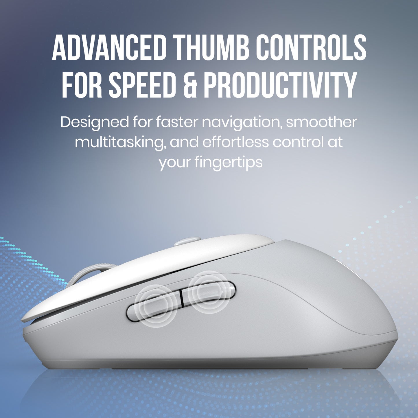 White portronics toad neo wireless mouse with advanced thumb-accessible forward and back buttons for faster browsing and navigation | best computer accessories with toad neo high quality mouse for productivity multitasking and smoother workflow | computer accessories online bluetooth mouse for laptop and wireless gaming mouse with side buttons for speed and effortless control