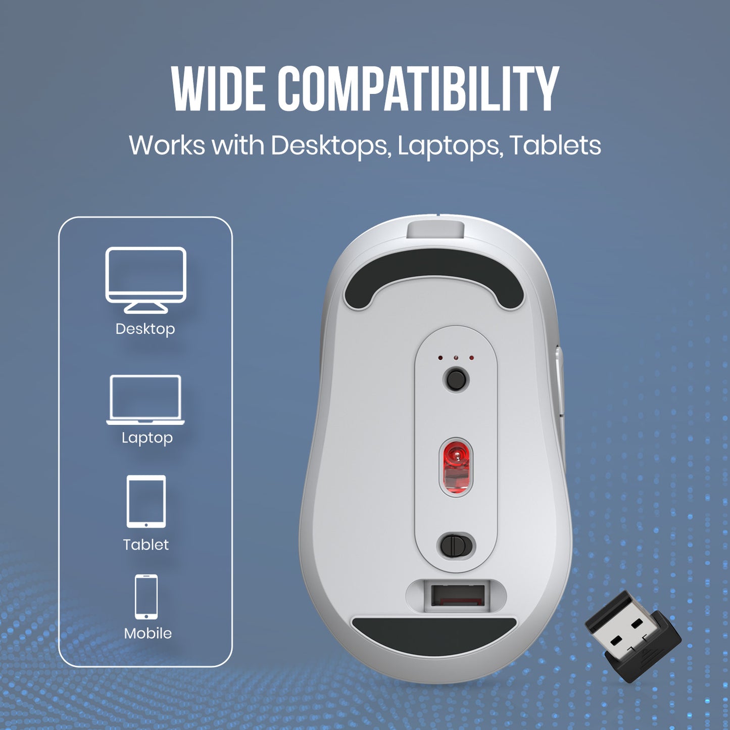 White portronics toad neo wireless mouse compatible with desktop laptop tablet and mobile for universal cross-platform use | usb wireless mouse and bluetooth mouse for laptop with wide device compatibility across windows mac ios and android | mouse for macbook and best laptop mouse with toad neo computer accessories online for all users