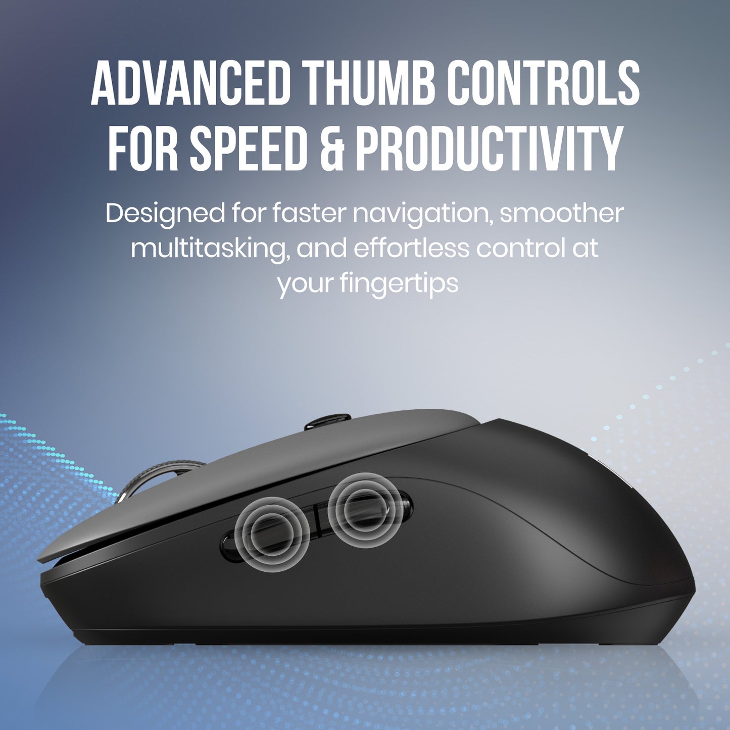 Black portronics toad neo wireless mouse with advanced thumb controls including dedicated forward and back buttons for faster navigation | best computer accessories and computer accessories online featuring toad neo high quality mouse for multitasking and productivity | bluetooth mouse for laptop and wireless gaming mouse with side buttons for smoother workflow and effortless browsing control