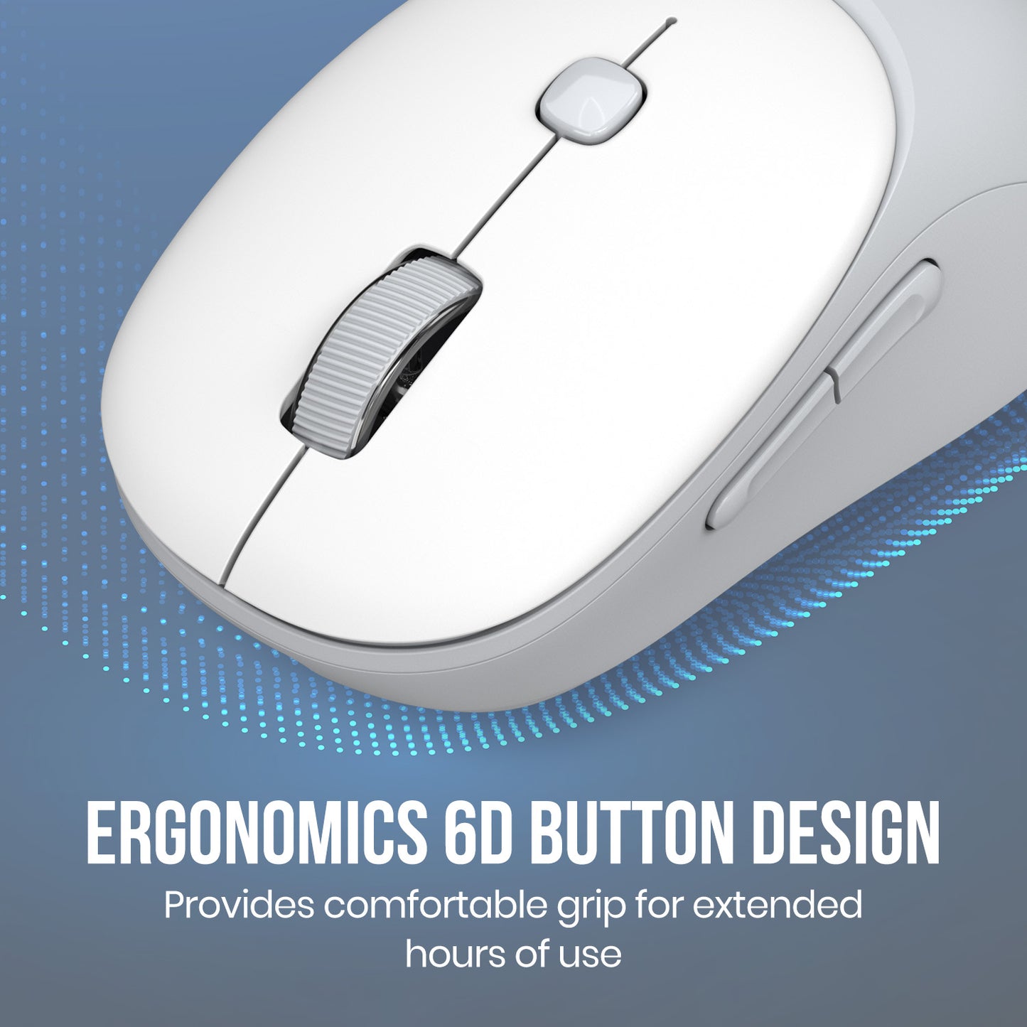 White portronics toad neo wireless mouse with ergonomic 6d button layout for all-day comfortable use with quiet smooth clicks | mouse for laptop and best laptop mouse with dedicated side navigation buttons for improved productivity | high quality mouse and computer accessories online ideal for office gaming and everyday wireless use