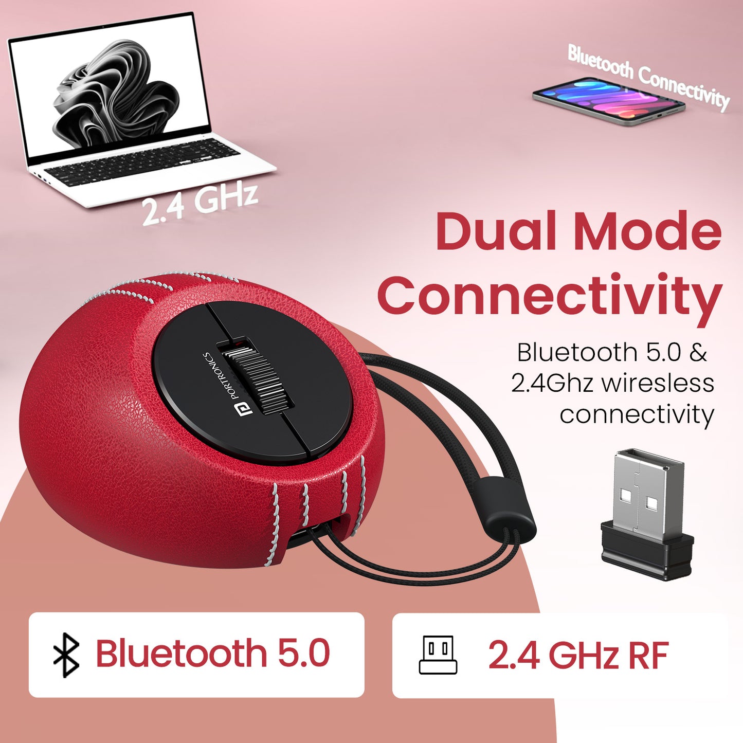 portronics toadplay cricket 2.4g rechargeable wireless mouse | optical sensor with cricket ball inspired textured grip | compact laptop mouse for home office and travel