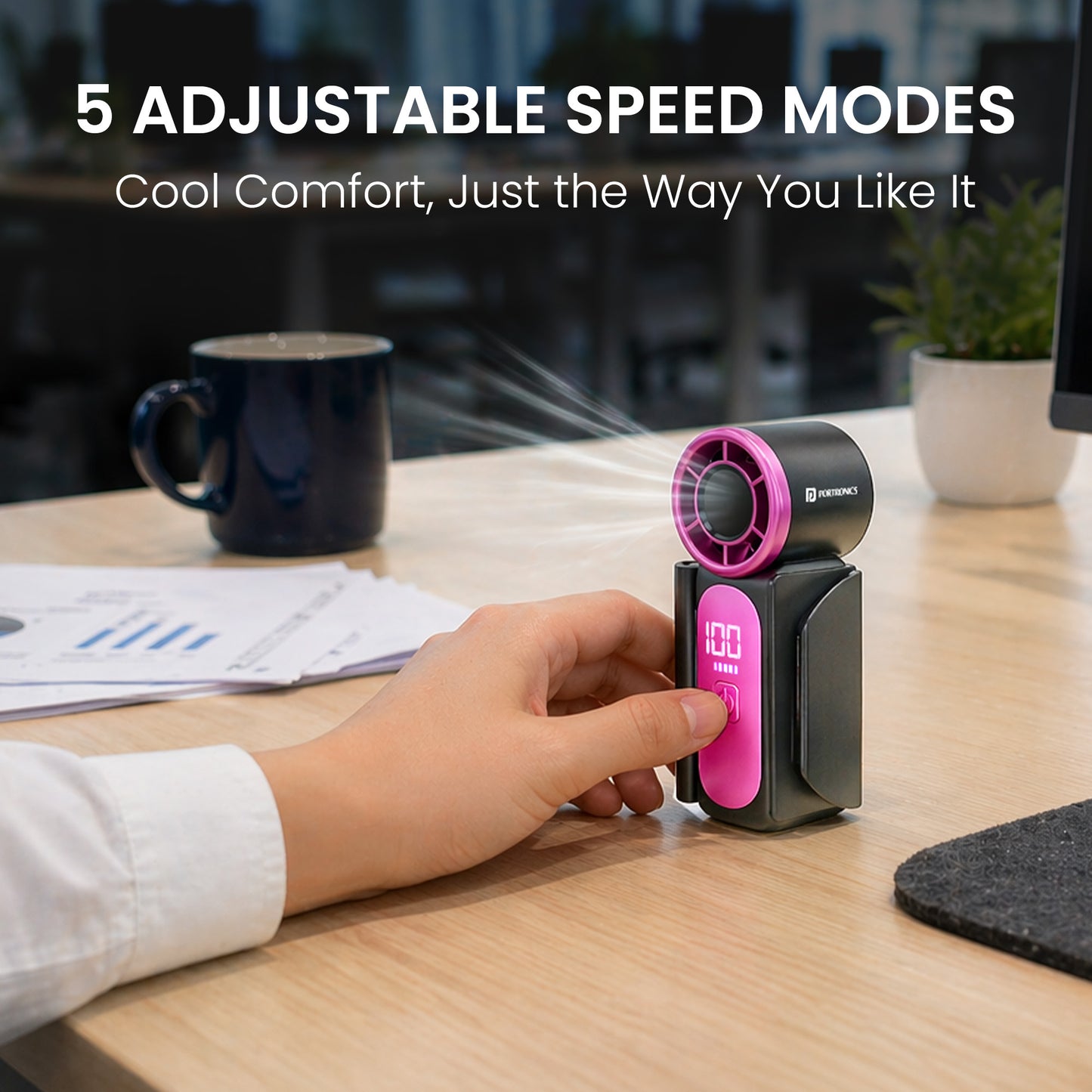 Dark Grey portronics toofan nano mini table fan | 5 adjustable speed modes to customize airflow intensity 5 speed fan | personal desk comfort based on your cooling requirements mini portable fan | best mini fan portable